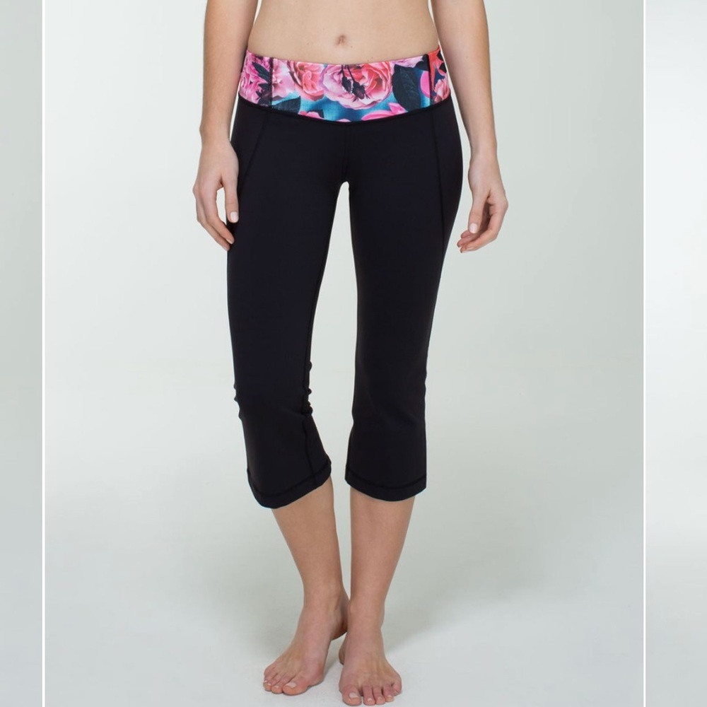 Lululemon Gather & Crow Crop Full-On Luon Pants Floral Roses Waistband Slits 8
